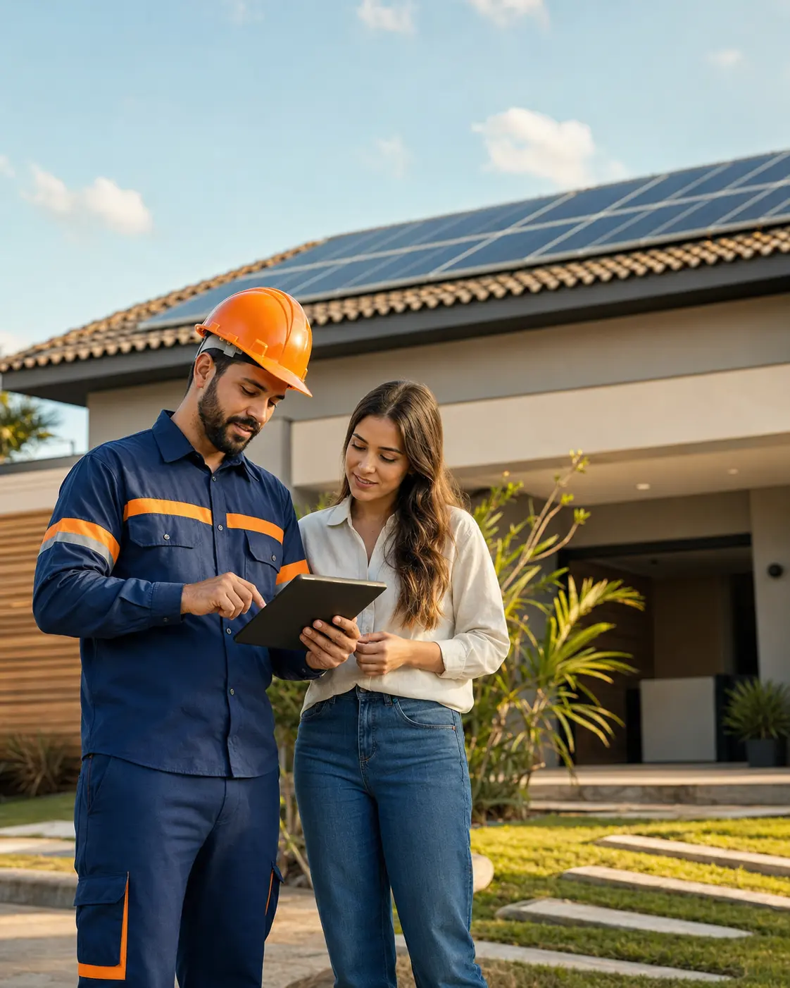 Engenheiro da Fúria Solar orientando uma cliente durante o planejamento da instalação