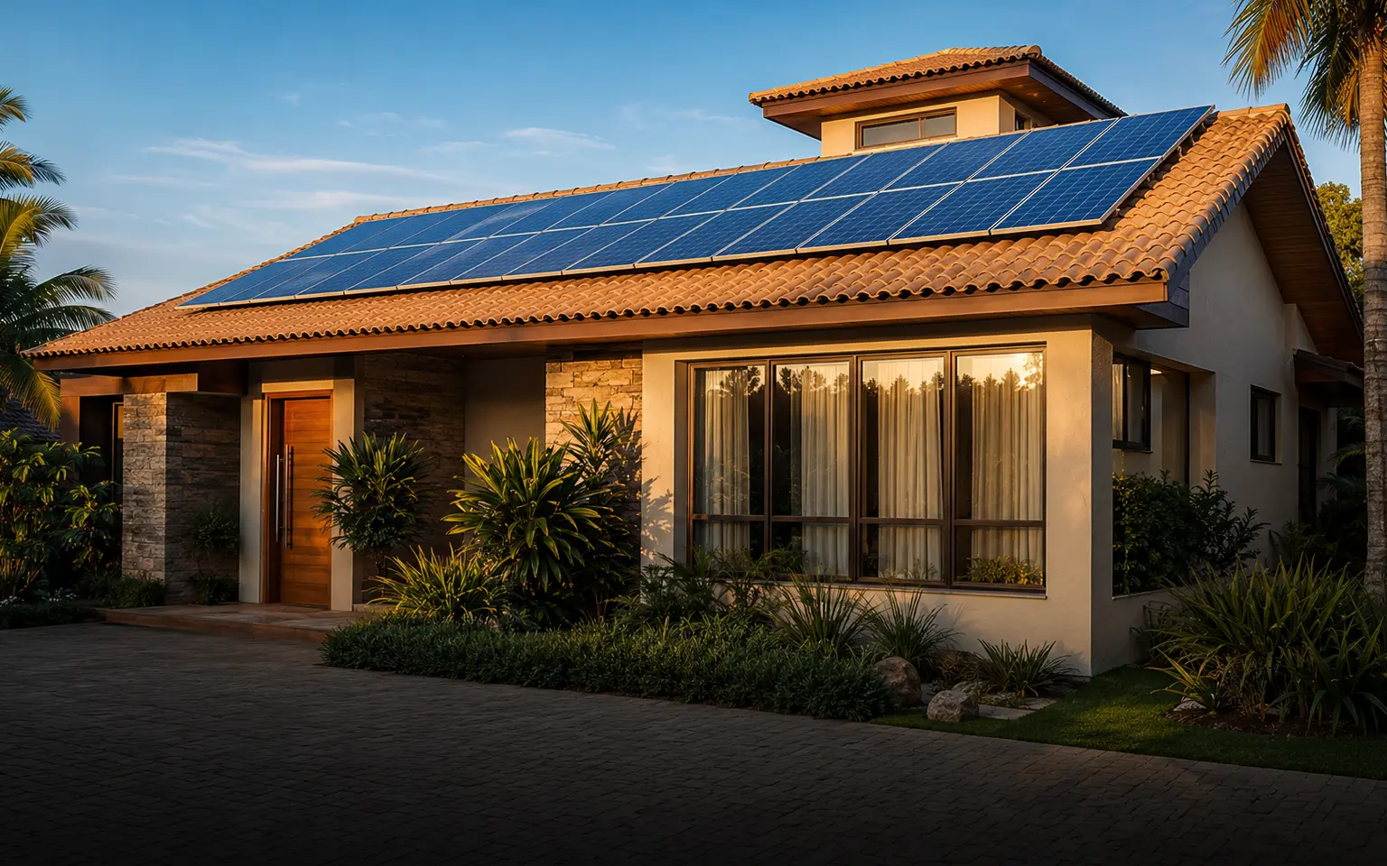 Residência brasileira com sistema fotovoltaico instalado no telhado