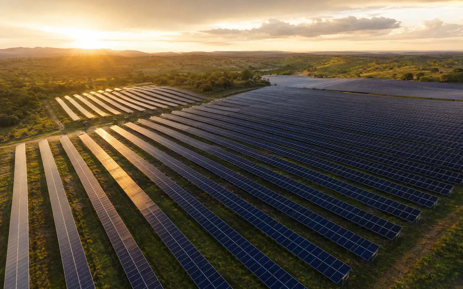 Usina solar de grande escala com fileiras de painéis fotovoltaicos